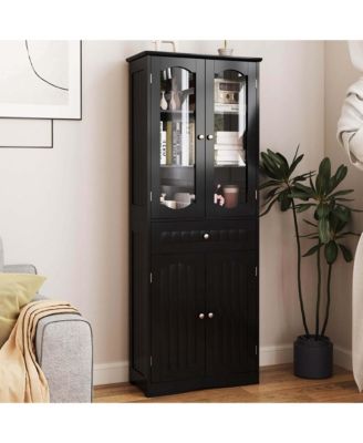 63" MDF Bathroom Cabinet with Tempered Glass Doors, Adjustable Shelves and Large Drawer