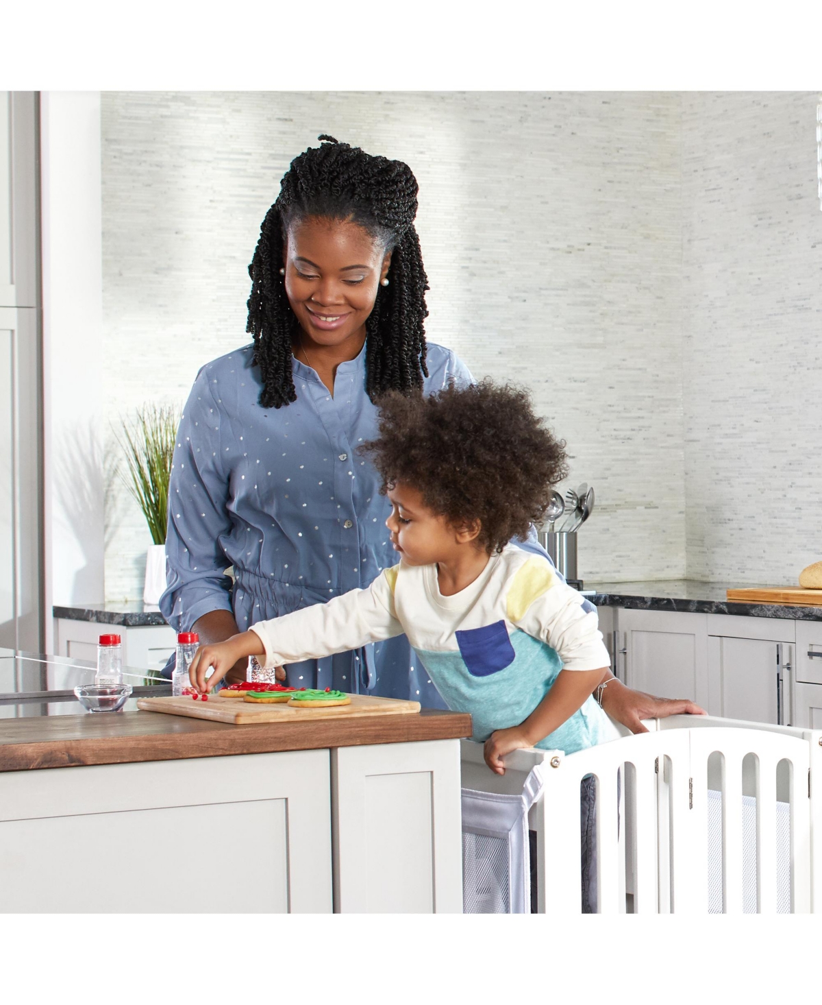 Guidecraft Contemporary Kitchen Helper Step Stool - Walnut: Kids' Adjustable, Foldable Wooden Learning Toddler Tower with Non-Slip Mat