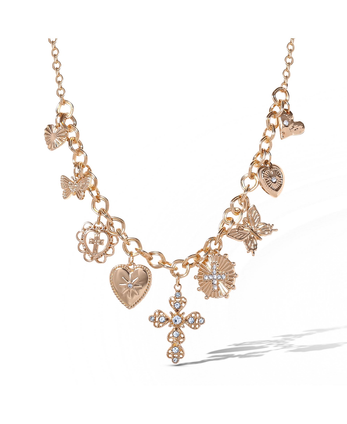 Gold-Tone Textured Cross & Heart Charm Necklace - Gold