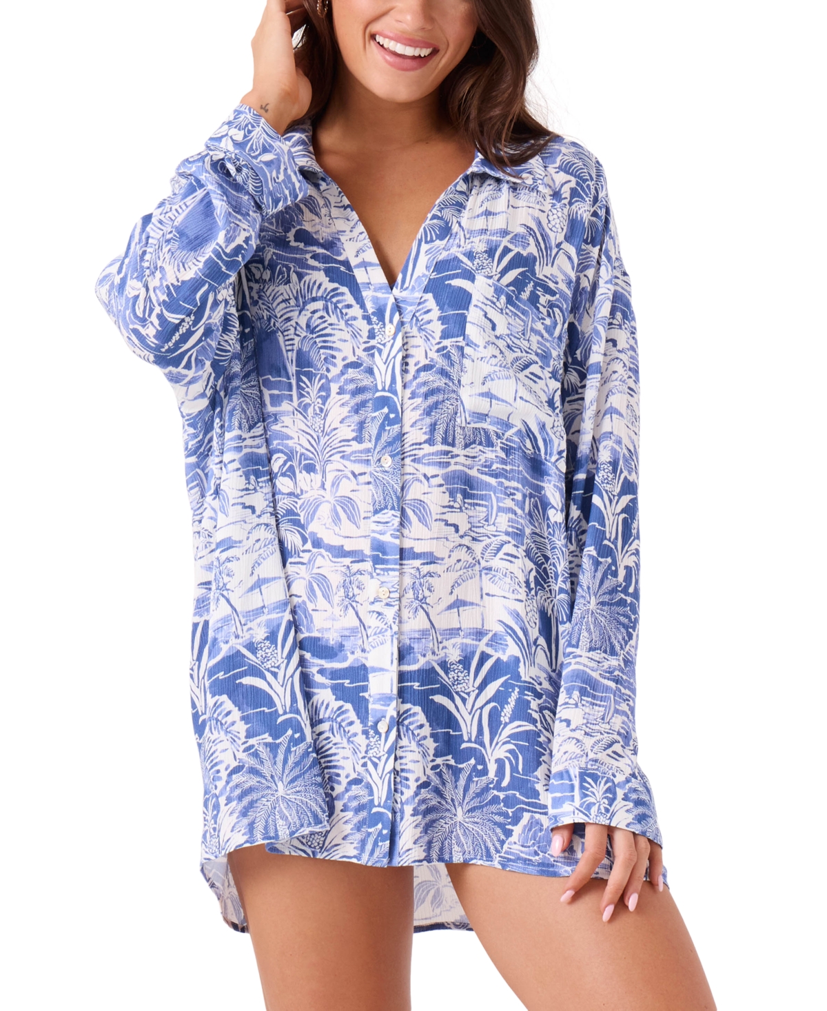 Roxy Juniors' Mana Long-sleeve Camp Shirt Cover-up In Blue