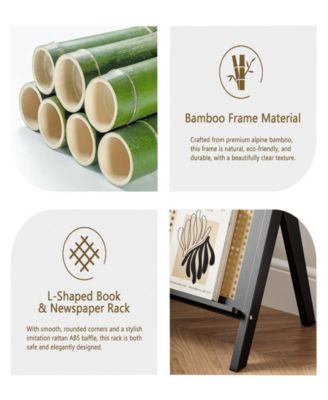 Rattan Side Table Bamboo Accent Bedside Table with Tempered Glass Top Black