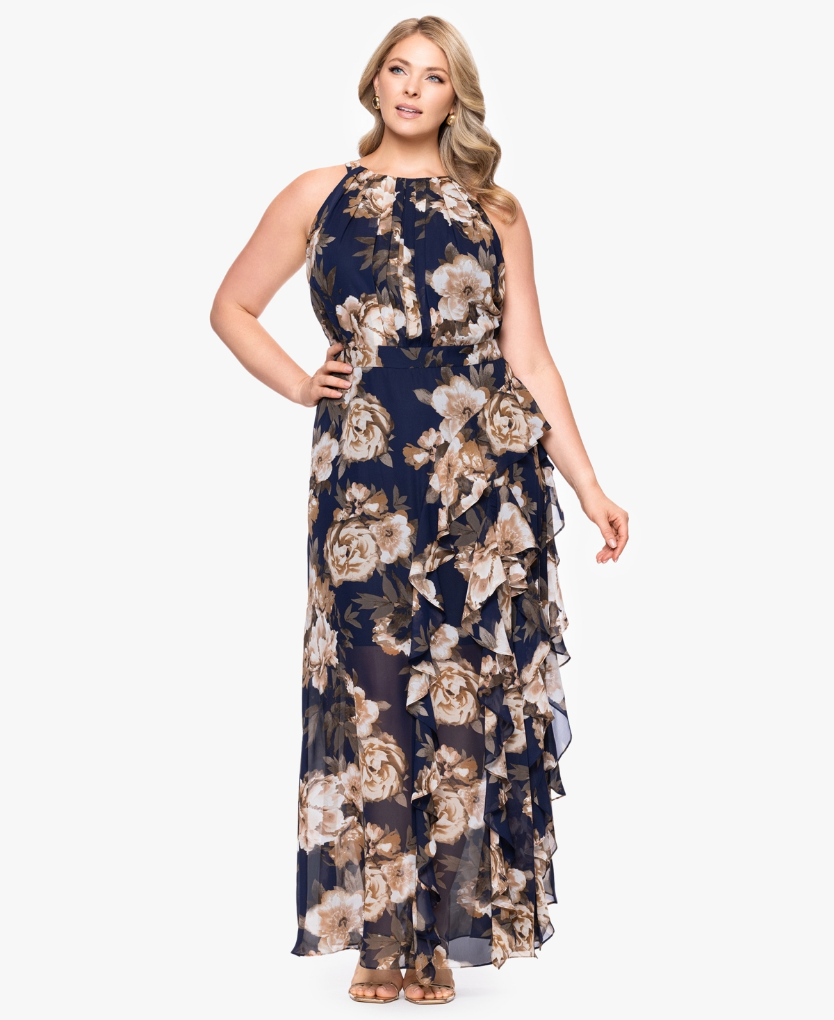 Plus Size Sleeveless Chiffon Dress - Navy/antique