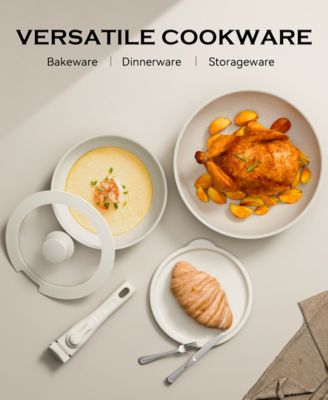 18-Piece Non-Stick Cookware Set with Silicone Tools, Detachable Handles, Space-Saving Design for All Stovetops