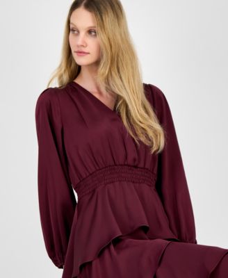 Women's Satin Surplice-Neck Tiered Midi Dress