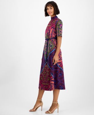 Petite Mock Neck Printed Midi Dress