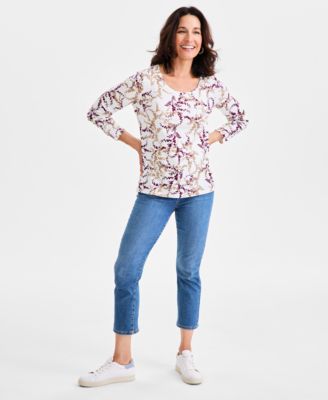 売れ筋商品|||スタイルアンドコー カットソー トップス レディース Women's Cotton Long-Sleeve Scoop-Neck Top, Created for Macy's Deep Black Style & Co Women's Printed Cotton Long-Sleeve Scoop-Neck Top