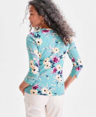Women's Printed Pima Cotton 3/4 Sleeve Boat-Neck Top, Macy's Exclusive