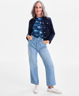 Petite Cotton Floral 3/4-Sleeve Boat-Neck Top, Macy's Exclusive