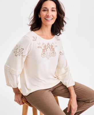 Women's Embroidered Lace-Trim Knit Blouse, Macy's Exclusive