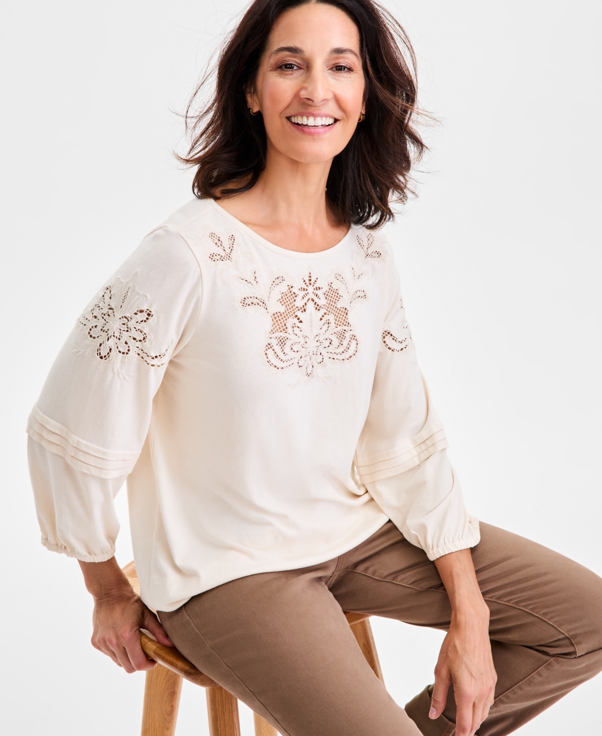 Style & Co Women's Embroidered Lace-trim Knit Blouse, Macy's Exclusive In Brown