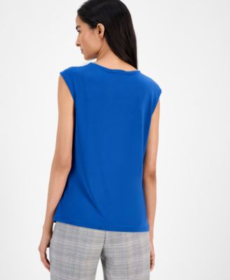 Pleated-Neck Cap-Sleeve Blouse, Regular & Petite