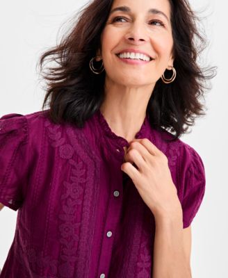 Women's Cotton Embroidered Button-Front Blouse, Macy's Exclusive