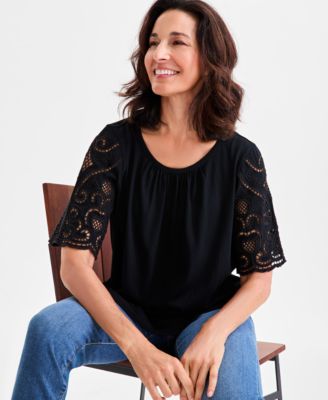 Women's Crewneck Eyelet-Sleeve Knit