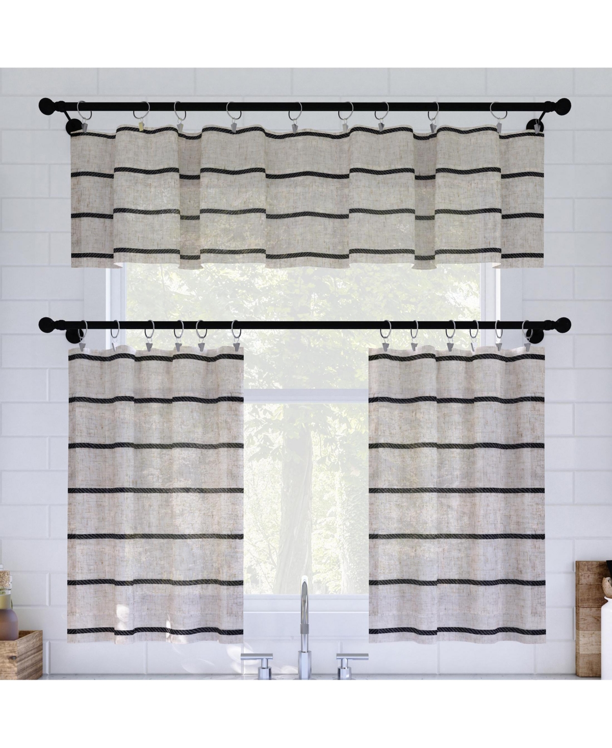 Twill Stripe Anti-Dust Linen Blend Sheer Cafe Curtain Valance