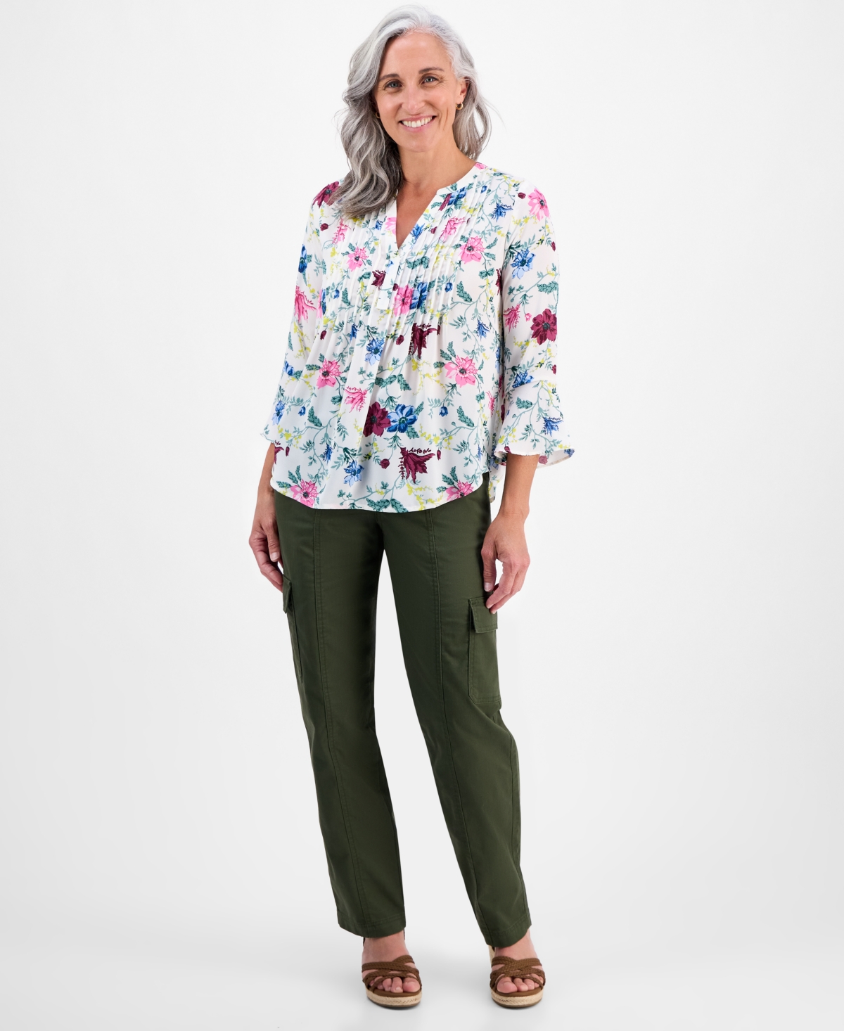 Style & Co Petite Chintz Floral Pintuck Top, Macy's Exclusive In Multi