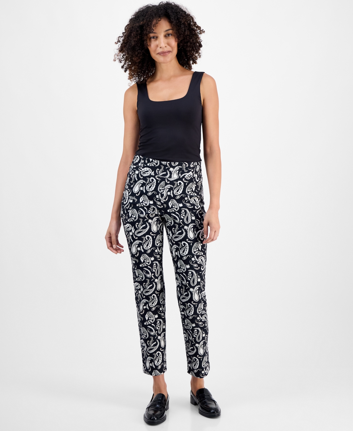 Petite Paisley Rivet-Waist Pull-On Pants, Macy's Exclusive - Deep Black Combo