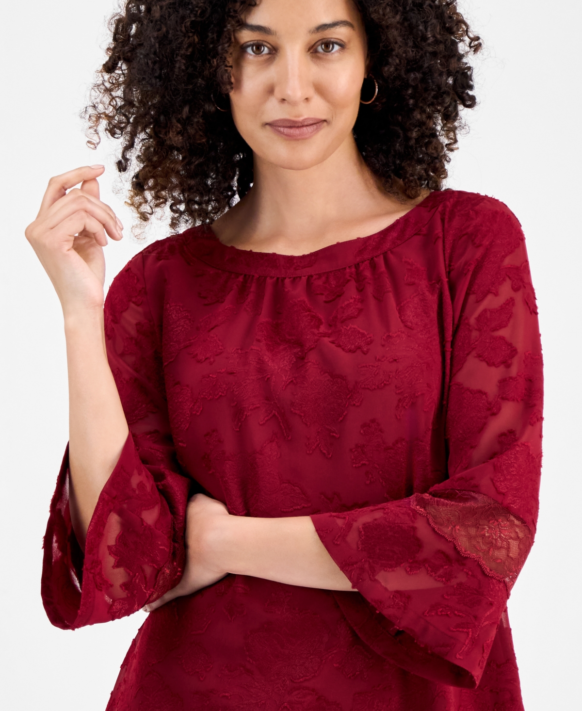 Jm Collection Petite Jacquard Lace-inset Blouse, Macy's Exclusive In Red