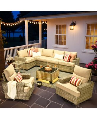 9-Piece Outdoor Wicker Patio Furniture Set with Rattan Modular Sectional Sofa, Swivel Rocking Chairs, and Side Table