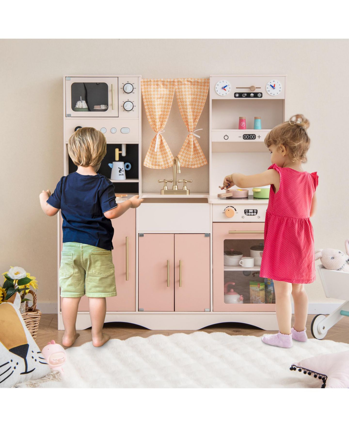 Детский игровой набор Mecale Wooden Microwave and Coffee Maker Kitchen Playset, Ages 3+, цвет: Розовый — фото 2