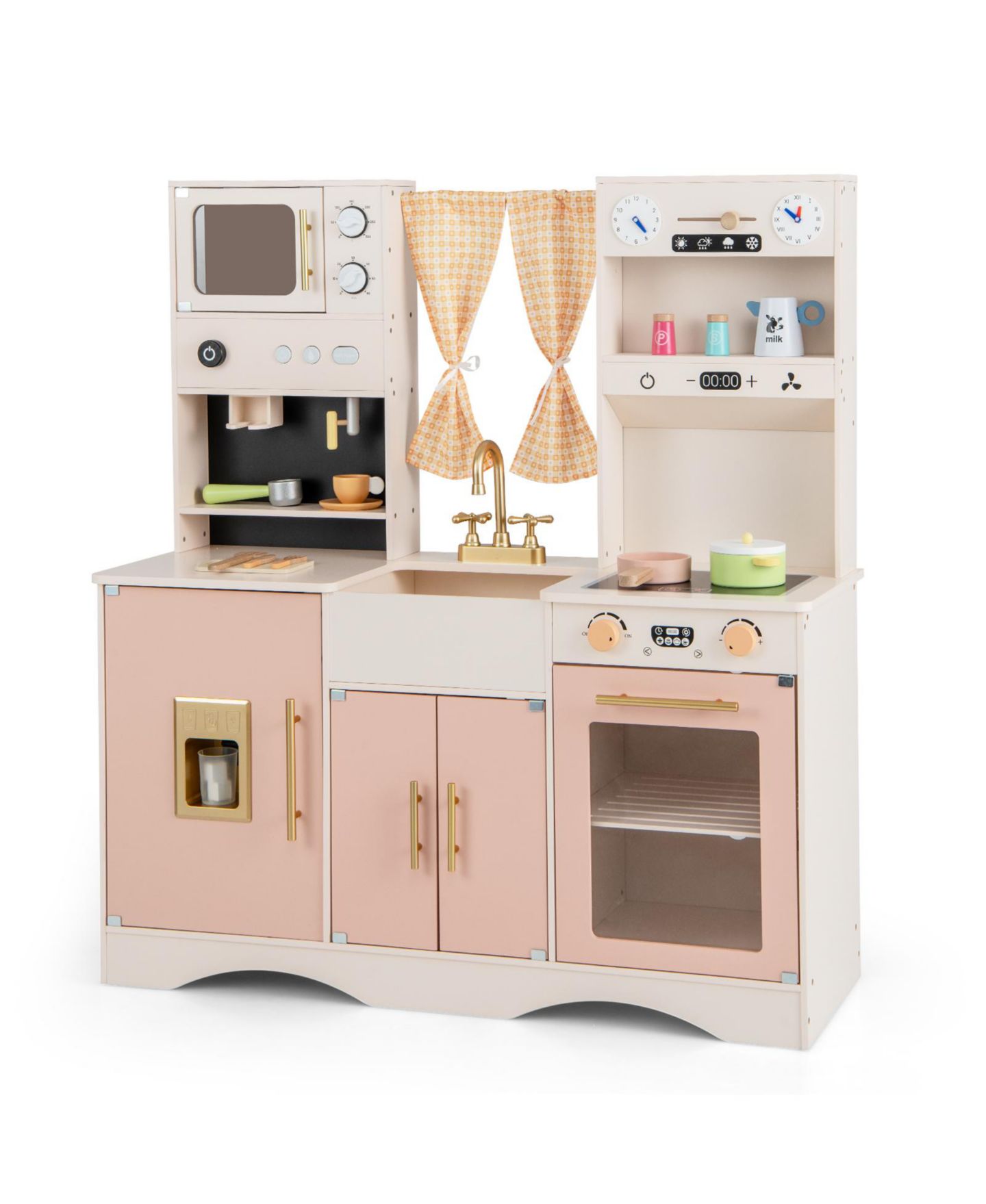 Детский игровой набор Mecale Wooden Microwave and Coffee Maker Kitchen Playset, Ages 3+, цвет: Розовый — фото 1