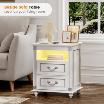 Nightstand with Charging Station, 3-Color LED Lights and 2 Drawers