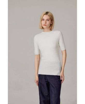 Women's Funnel Neck Short Sleeve Sweater | 75% Merino Wool 25% Silk Ultra Soft Fine-gauge Knit Top | Machine Washable