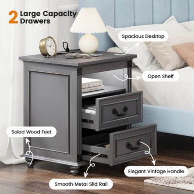 Nightstand with Charging Station, 3-Color LED Lights and 2 Drawers