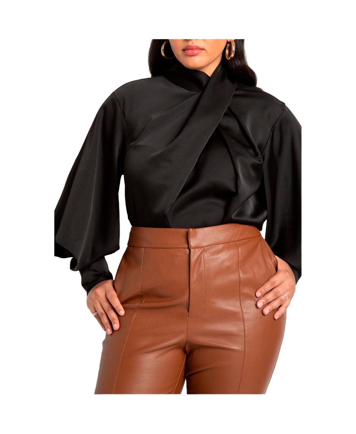 Women's Draped Neck Satin Blouse - Totally black