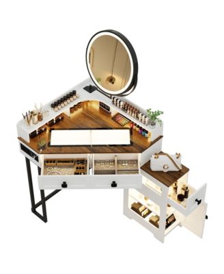 Farmhouse-style dressing table with mirror and lights, featuring a glass top.