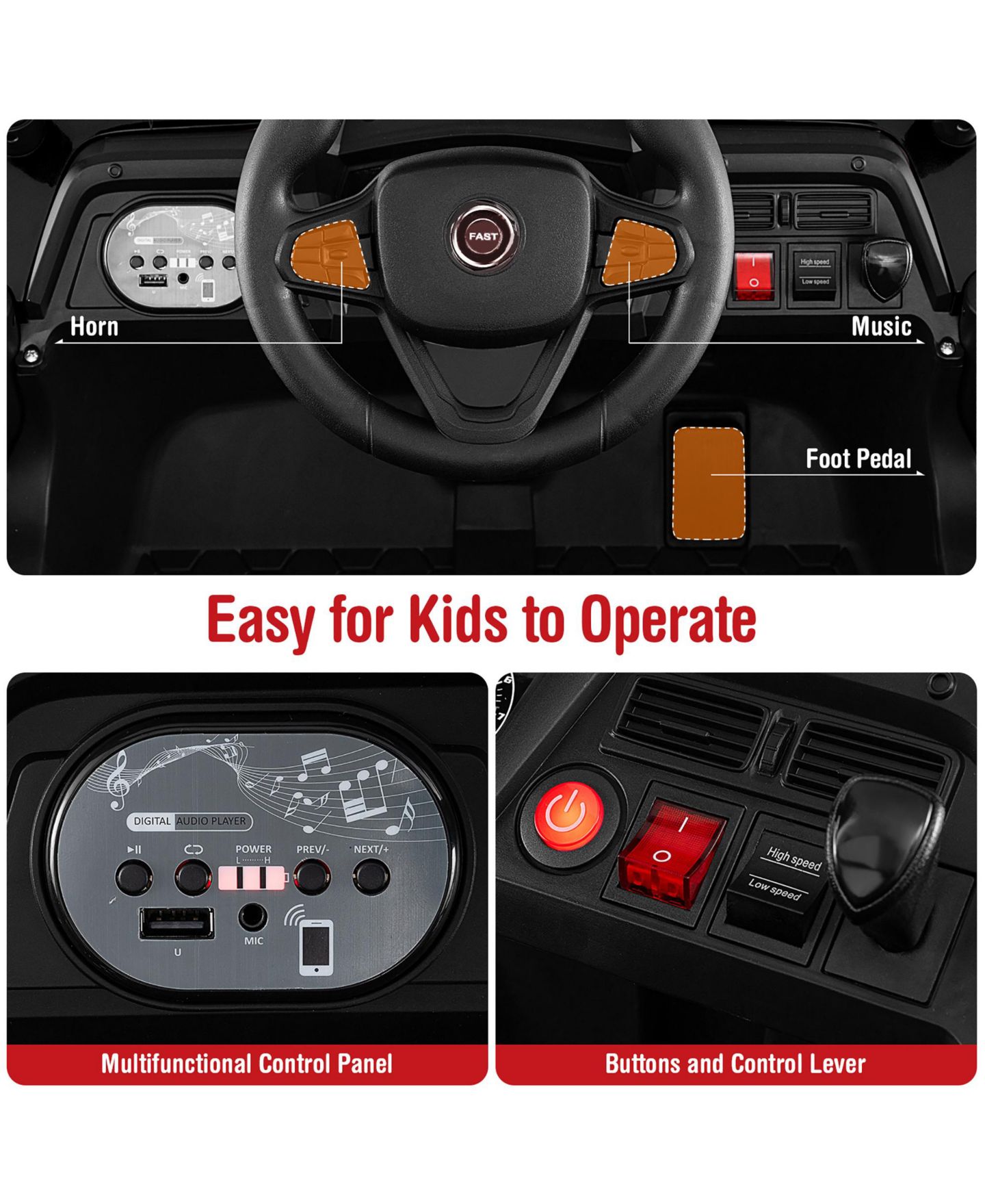Детская игрушка Gymax 12V Kids Ride-On Truck with Parental Remote Control, 55 lbs, от 3 лет, цвет: Чёрный — фото 4