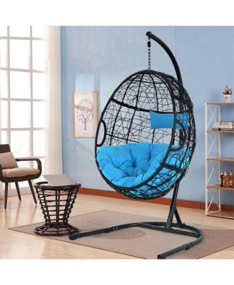 Hanging Hammock Chair Egg Swing Chair w/ Blue Cushion Pillow Stand