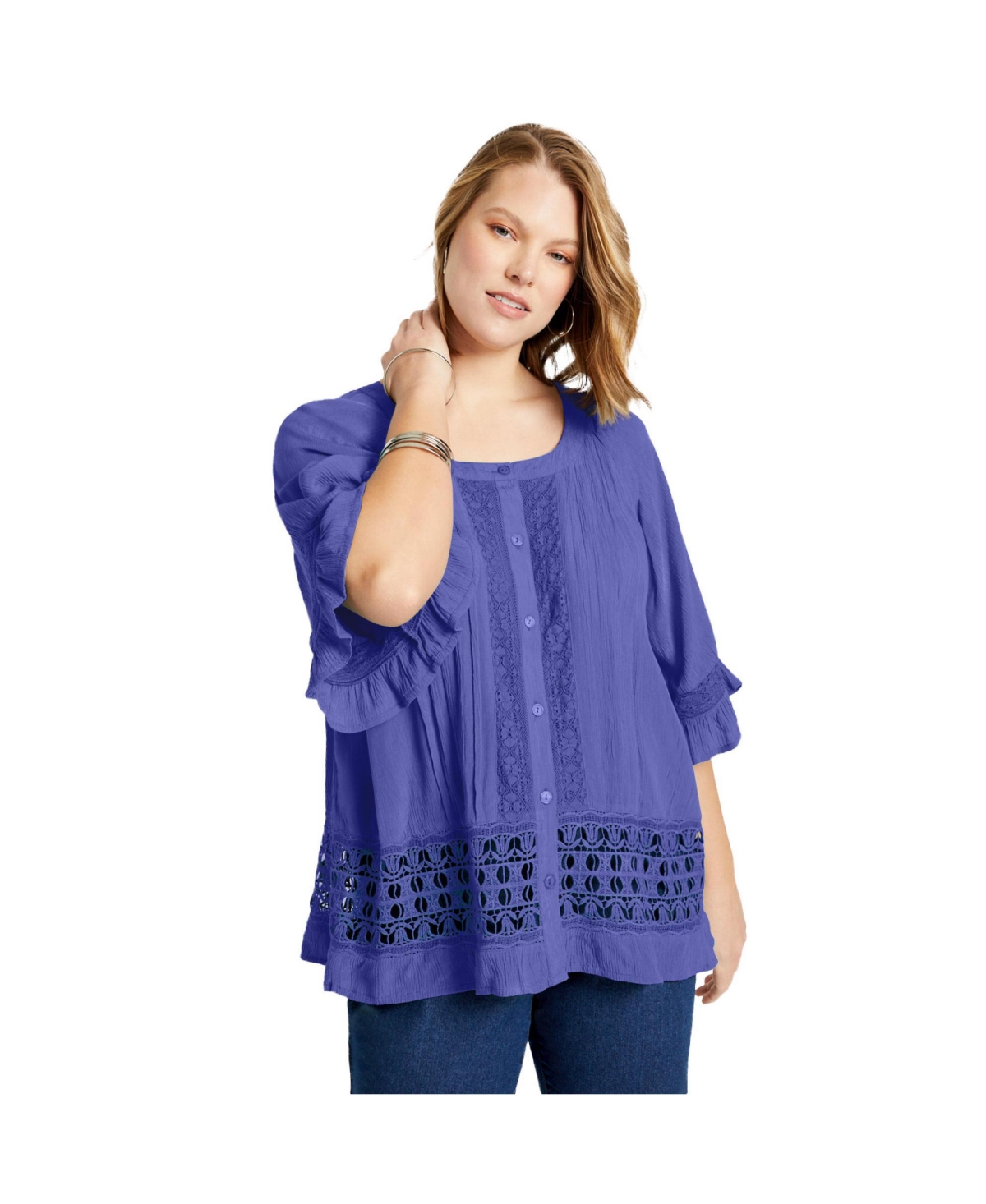 Women's Plus Size Lace-Trimmed Boho Blouse - Sugar swizzle