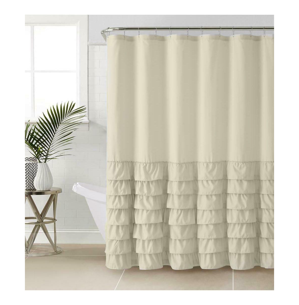 Boho Chic Matelasse Ruffled Taupe Fabric Shower Curtain - 72 in. Long - Taupe