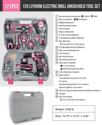 121-Piece Home Tool Set with 12V Cordless Drill – Pink and Black DIY Kit with Storage Case