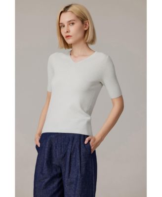 Women's Merino Wool Lurex Sweater | Shimmer Fine gauge V-Neck Short Sleeve Top | Machine Washable Pullover