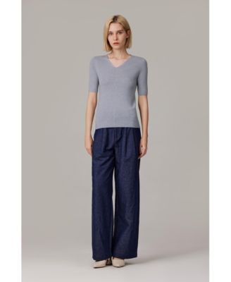 Women's Merino Wool Lurex Sweater | Shimmer Fine gauge V-Neck Short Sleeve Top | Machine Washable Pullover