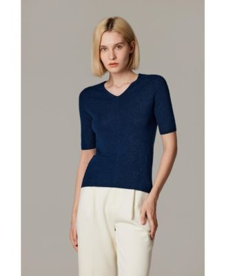 Women's Merino Wool Lurex Sweater | Shimmer Fine gauge V-Neck Short Sleeve Top | Machine Washable Pullover