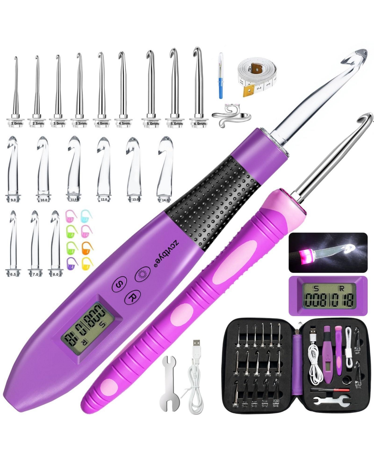 18 Size Counting Crochet Hooks Set, Light Up Crochet Hooks for Stitch & Row Counter, Lighted Crochet Needles Kit with Case,Purple - Purple