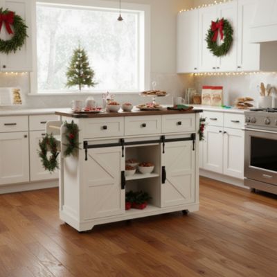53.7" Rolling Kitchen Cart with Barn Doors, Drop Leaf, Power Outlet and Spice Rack (No Stools)