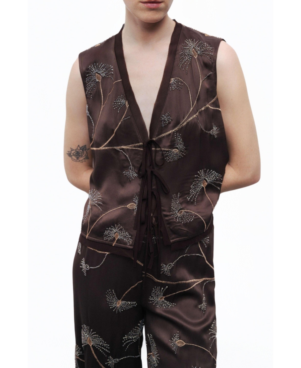 Women's Beaded Tie-Front Vest - Dark brown