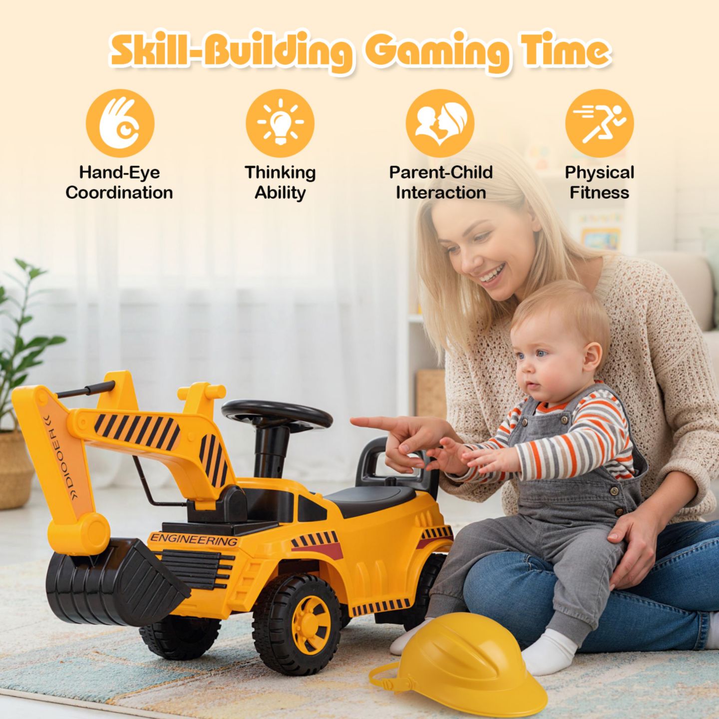 Детская игрушка Gymax Ride-On Excavator with Adjustable Shovel, Engine Sound & Anti-Tipping Base, 33 lbs Capacity, Ages 19-36 Months, цвет: Жёлтый — фото 6