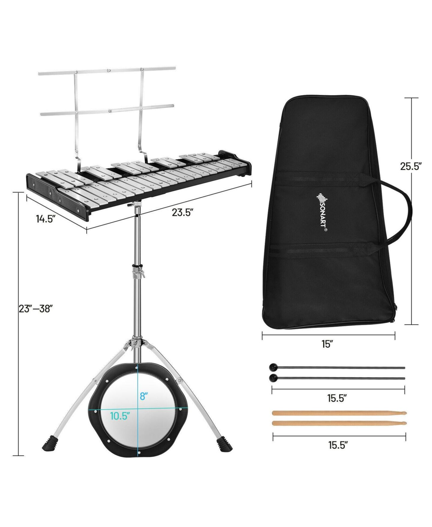 Детские игрушки Mecale 32 Note Glockenspiel Xylophone Percussion Bell Kit with Adjustable Stand, цвет: Чёрный — фото 11