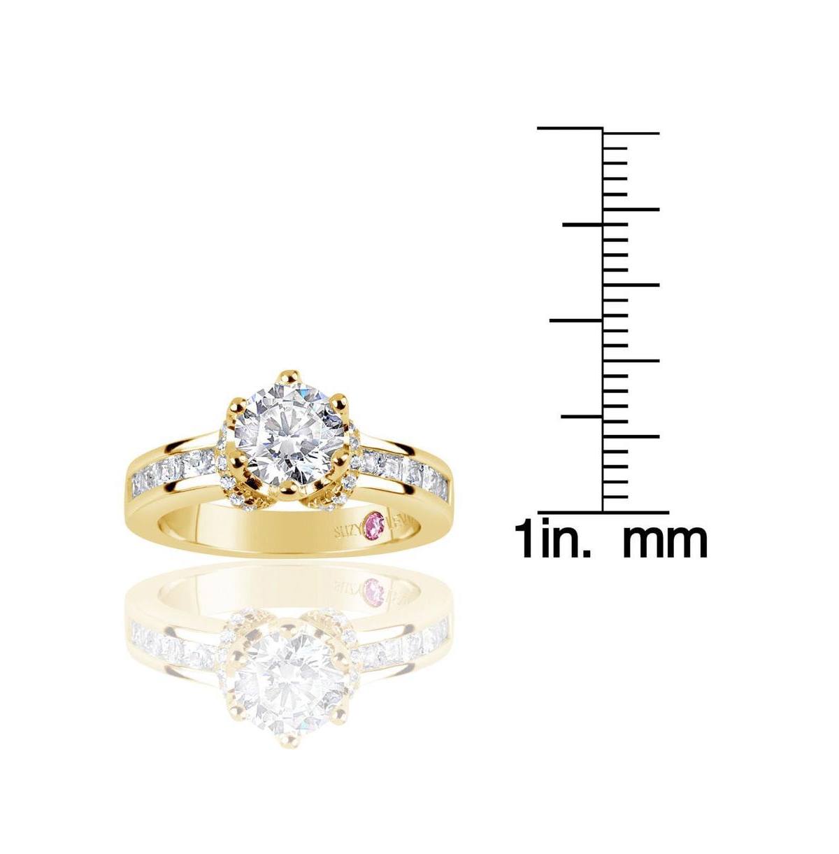 Suzy Levian Golden Sterling Silver Round Cut Cubic Zirconia Crown Setting Ring with Channel Set Band