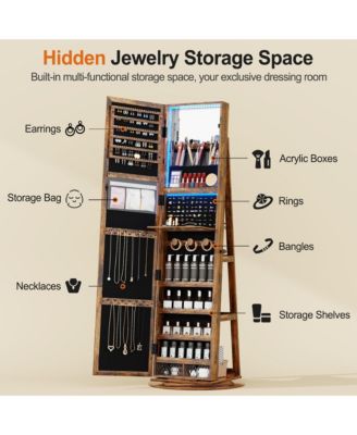LED jewelry storage cabinet with back storage shelves and 360° rotation.