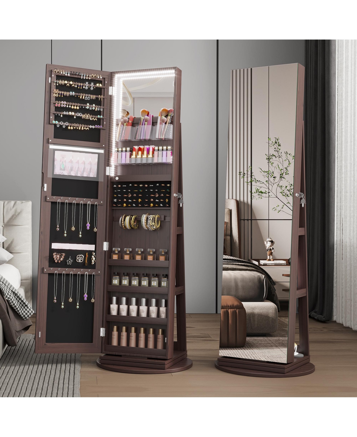 Vlsrka A 360° swivel standing jewelry mirror cabinet with storage shelves, full-length mirror, and Led lights.