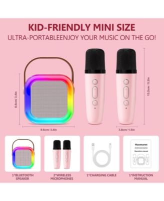 Mini Karaoke Machine for Kids, Portable Bluetooth Speaker with 2 Wireless Mics, LED Lights, Gift for Girls & Boys, Ages 3-12+ (Pink)