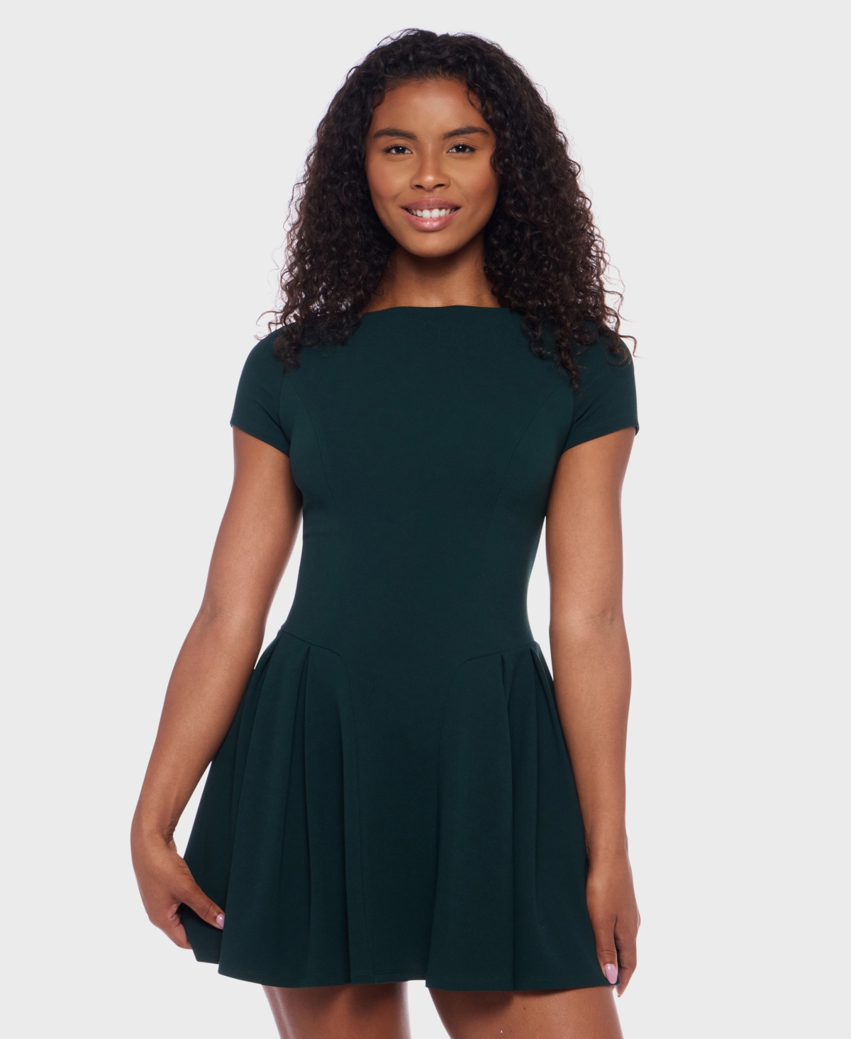 Juniors' Scuba Crepe Short-Sleeve Fit & flare Dress - Dark Green