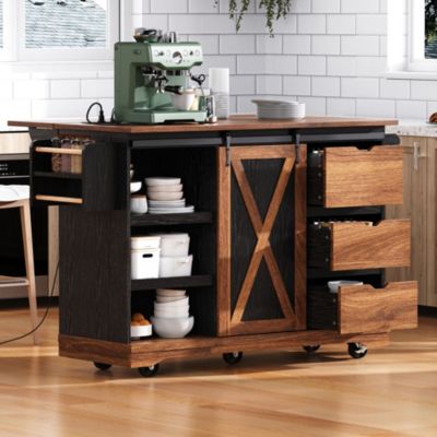 CASAINC 55.5" Wood Drop Leaf with Barn Door, Power Outlet & Spice Rack Kitchen Island