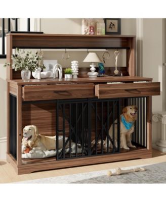55.1" kitchen Cabinet Dog Crate Cage Table with 2 Storage Drawers and Shelves