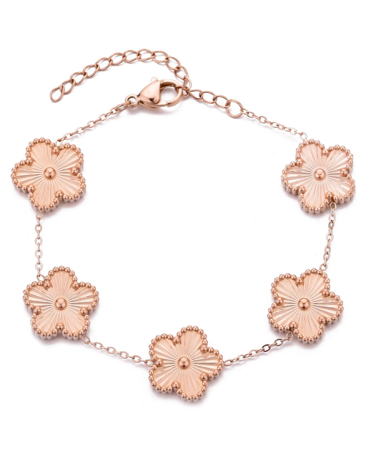 Tarnish Resistant Rose Gold 5 Leaf Clover Station Bracelet - Pink